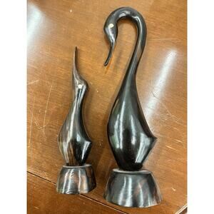 Mid-Century Modern Mother & Baby Carved Wood Swan Heron Crane Dark Stain